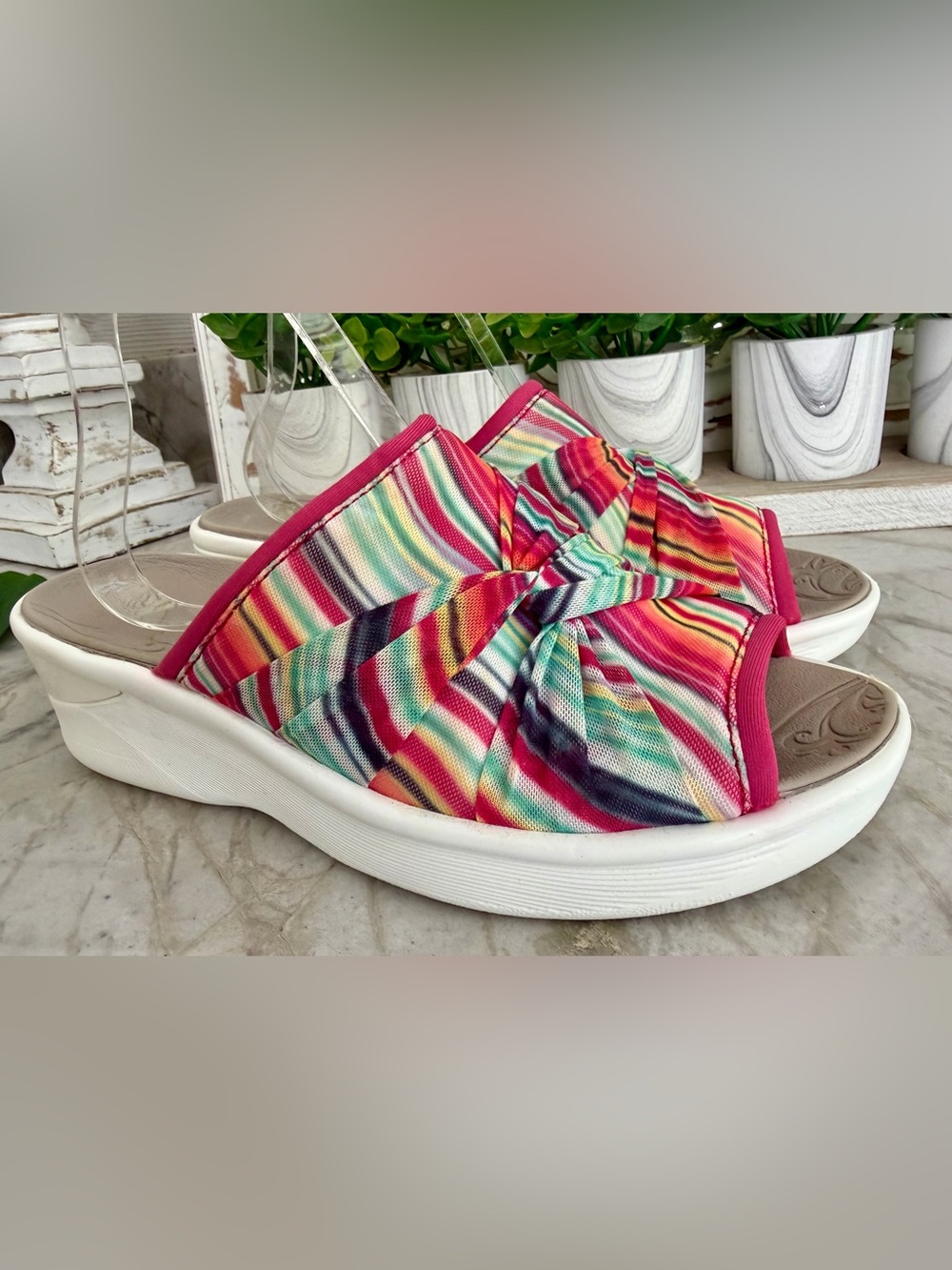Lifestride Bezees Multicolor Striped Knot Slip-On Wedge Sandals Size-9